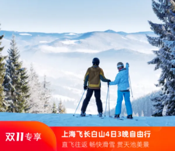 双十一上海飞长白山4日3晚自由行万达度假区滑雪温泉票