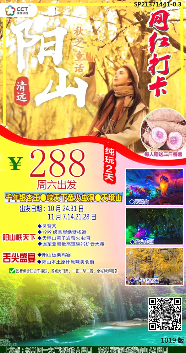 （11月周末爆款）秋天童话●千年银杏王、峡天下●绝壁天梯●天镜山萤火虫洞纯玩2日游