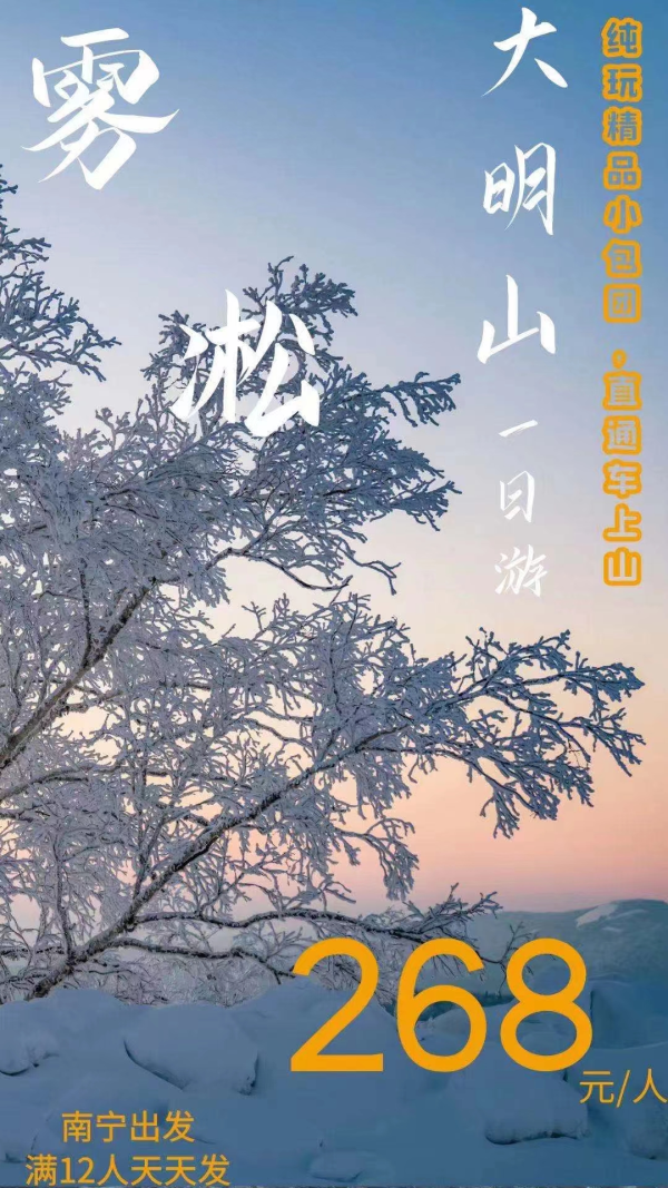 邂逅雾凇大明山1日
南宁急速骤降的天气
孕育出了雾凇的奇观
这几日最佳的观赏期
错过了就看不到了哟
穿上羽绒服一起出发