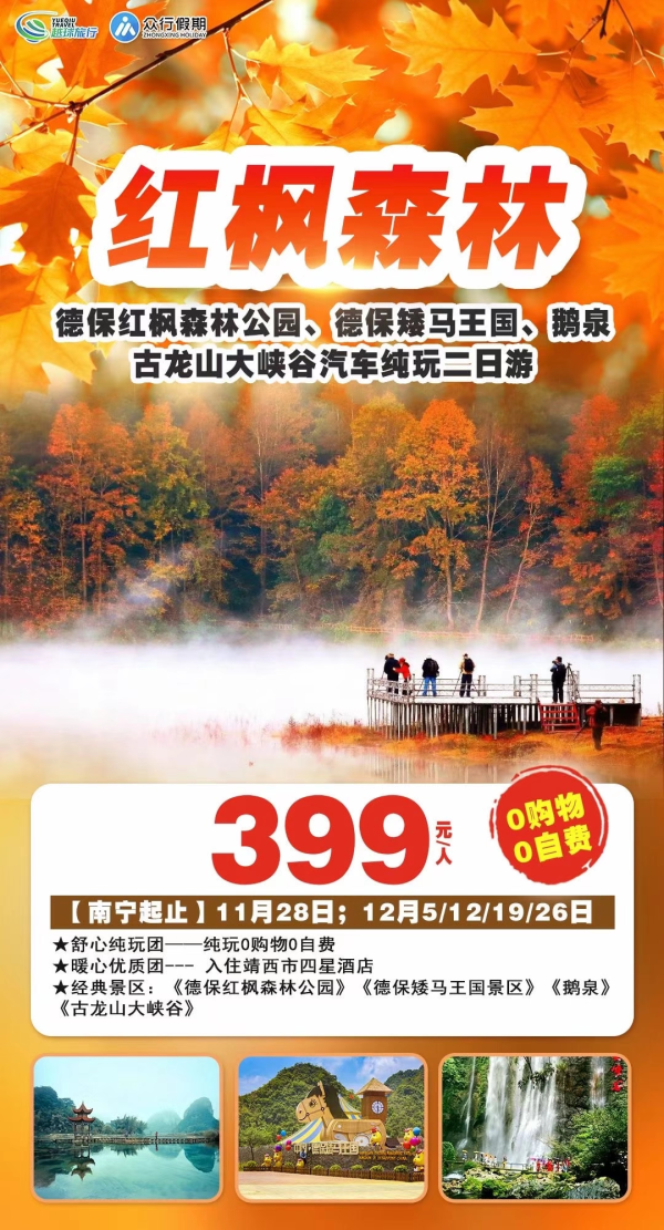 停车坐爱枫林晚，霜叶红于二月花
纯玩0购物0自费
入住靖西市四星酒店
经典景区：《德保红枫森林》《鹅泉》《德保矮马王国》《古龙山峡谷》