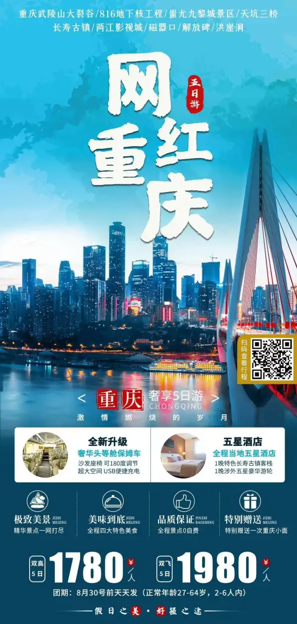 【网红重庆】5日游
2晚当地五星酒店+1晚特色长寿古镇客栈+1晚涉外五星豪华游轮
畅游武隆天坑、大裂谷、816地下核工程
网红打卡地民国街/洪崖洞/解放碑/磁器口
4大定制特色