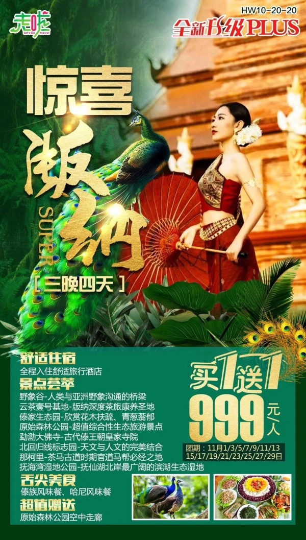 惊喜版纳 三天四晚 买一送一
