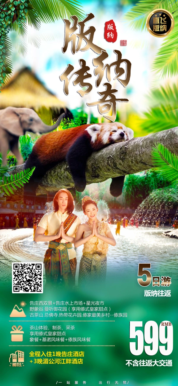 版纳传奇  告庄西双景-告庄水上市场-星光夜市-野象谷-古茶山-傣族园5日游