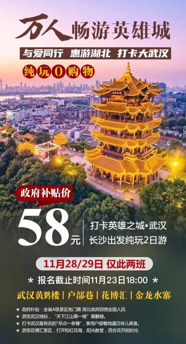 万人畅游英雄城，与爱同行，惠游湖北，打卡大武汉，纯玩0购物，武汉黄鹤楼/户部巷/花博汇/金龙水幕，长沙出发纯玩2日游